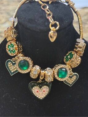 Gold-Tone Green Heart Charm Bracelet with Emerald Accents